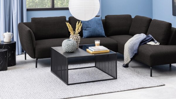 Couchtisch STRINGTON Rauchglas Marmor Dekor Gittergestell 80x80