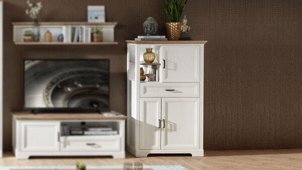 Schrank JASMIN Kommode Highboard Pinie hell Artisan Eiche mit LED 93x150
