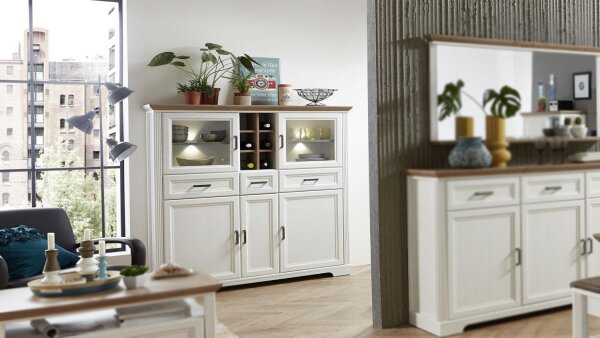 Highboard JASMIN Vitrine Pinie hell und Artisan Eiche mit LED 143x150 cm