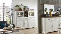 Highboard JASMIN Vitrine Pinie hell und Artisan Eiche mit LED 143x150 cm