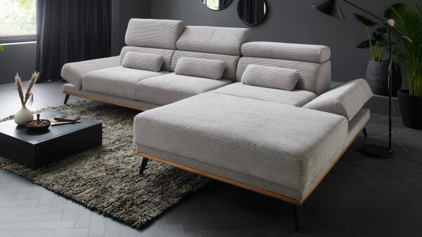 Ecksofa Rechts Arrow Cord grau mit elektr. Sitztiefenverstellung