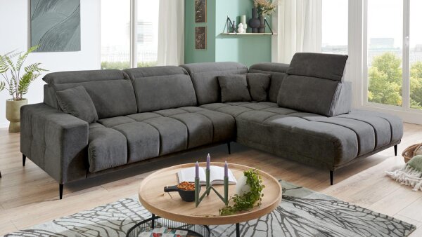 Ecksofa R LIVORNO grau Kopfteil und Sitztiefenverstellung