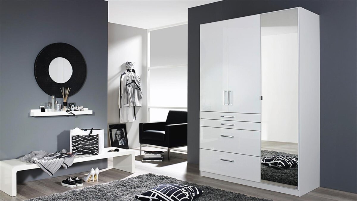 Kleiderschrank HOMBURG Schrank weiß Hochglanz Spiegel 136