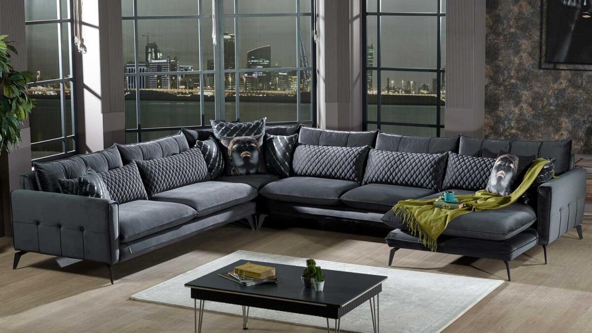 wohnlandschaft sefanus sofa u-form anthrazit mit kissen